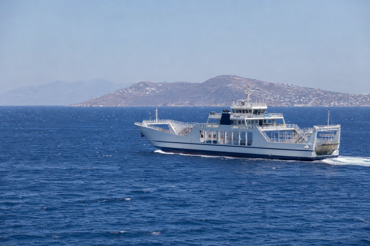 A ferry crossing the Aegean between islands during the worst time to visit Greece, when schedules shrink