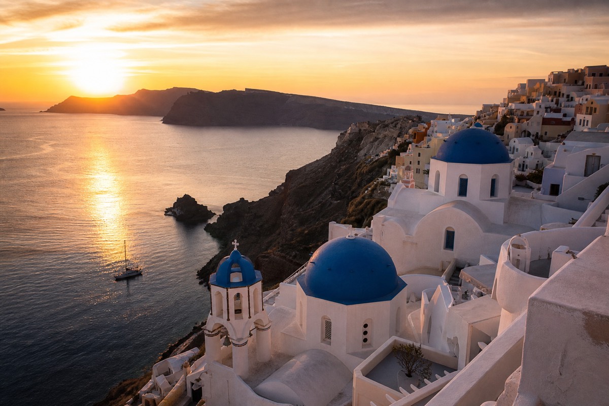 The caldera and sunset at Oia, Santorini, a spot packed at the worst time to visit Greece in August