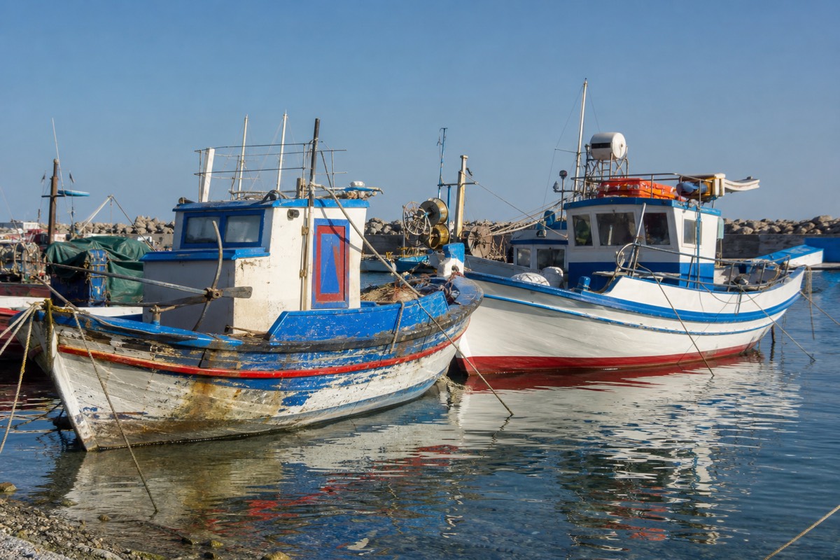 A Greek island harbour with fishing boats moored along the waterfront on a Greece tour package