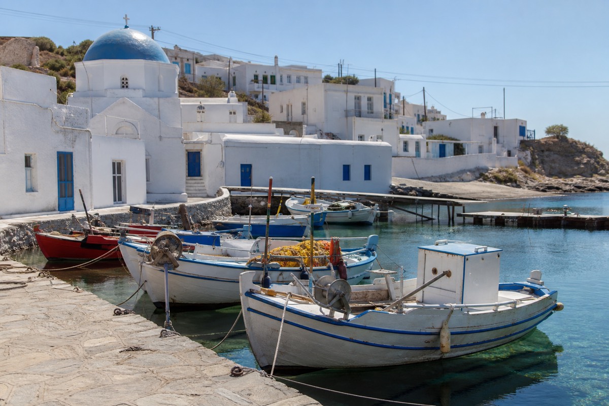 A busy Greek island harbour at the height of the season, typical of the Greek islands to avoid if you hate crowds