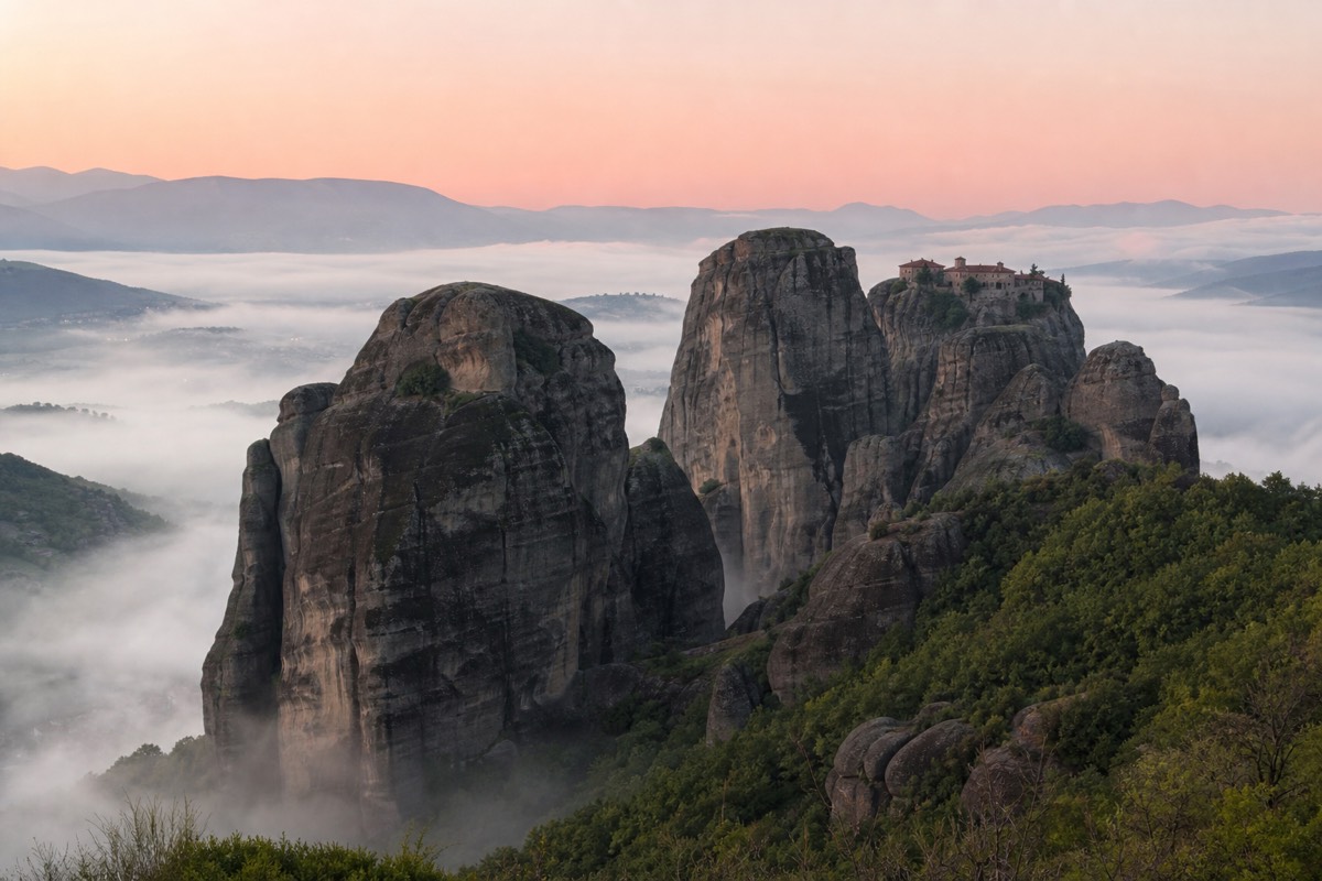 Mountain vista over the clifftop monasteries of Meteora on a mainland ancient sites tour of Greece